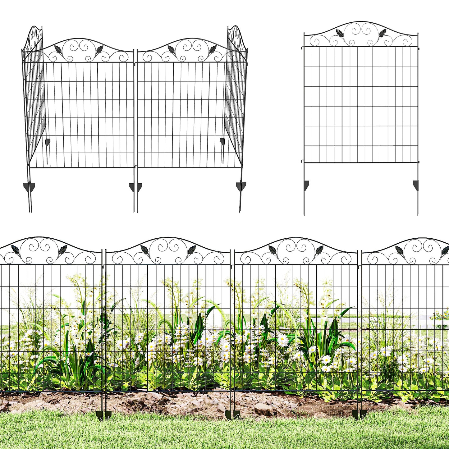 Folding Garden Fence Panels - 4 Pack, 44"H x 12 ft, Black
