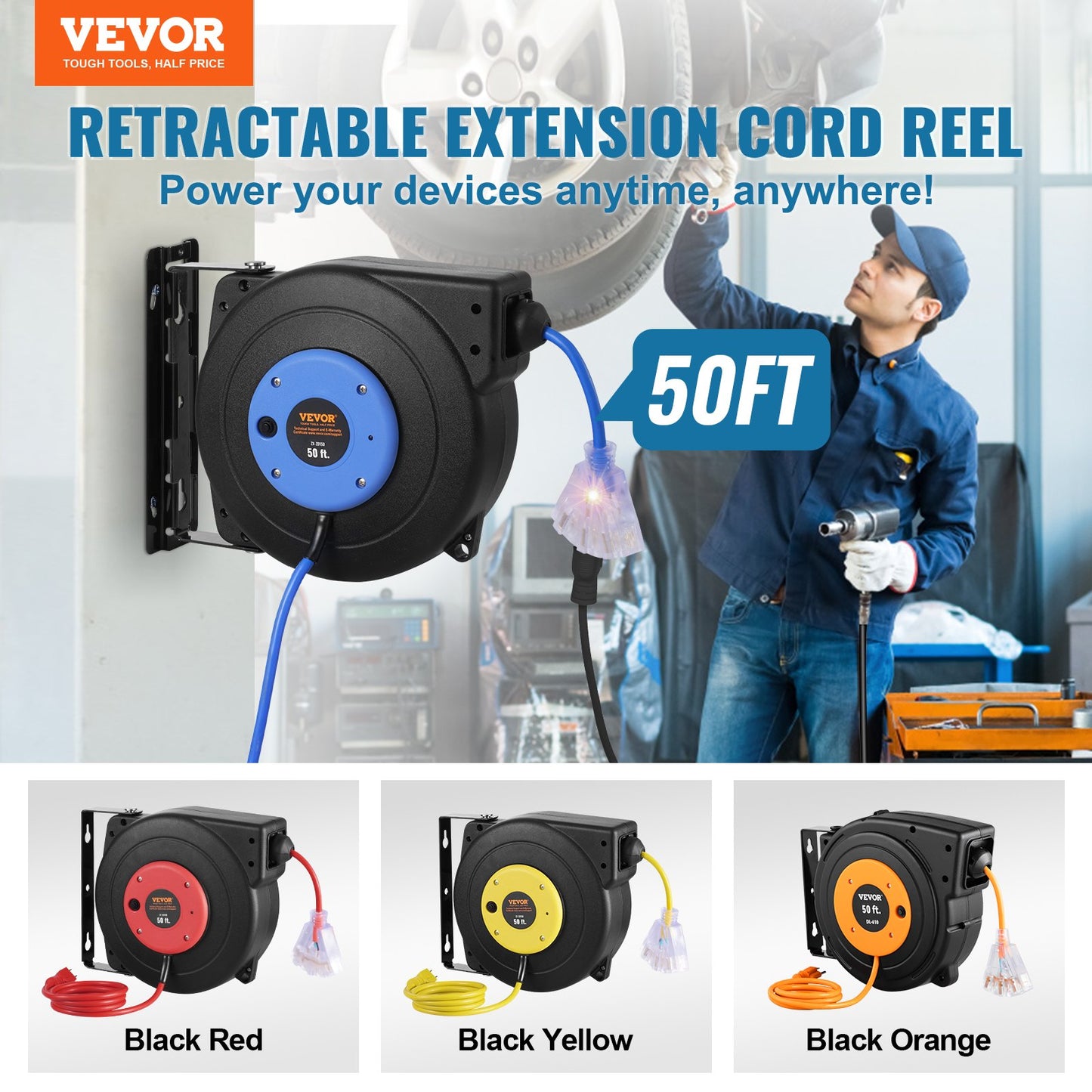 50Ft Retractable Extension Cord Reel Power Strip with 3 Outlets - Water & Overload Protected