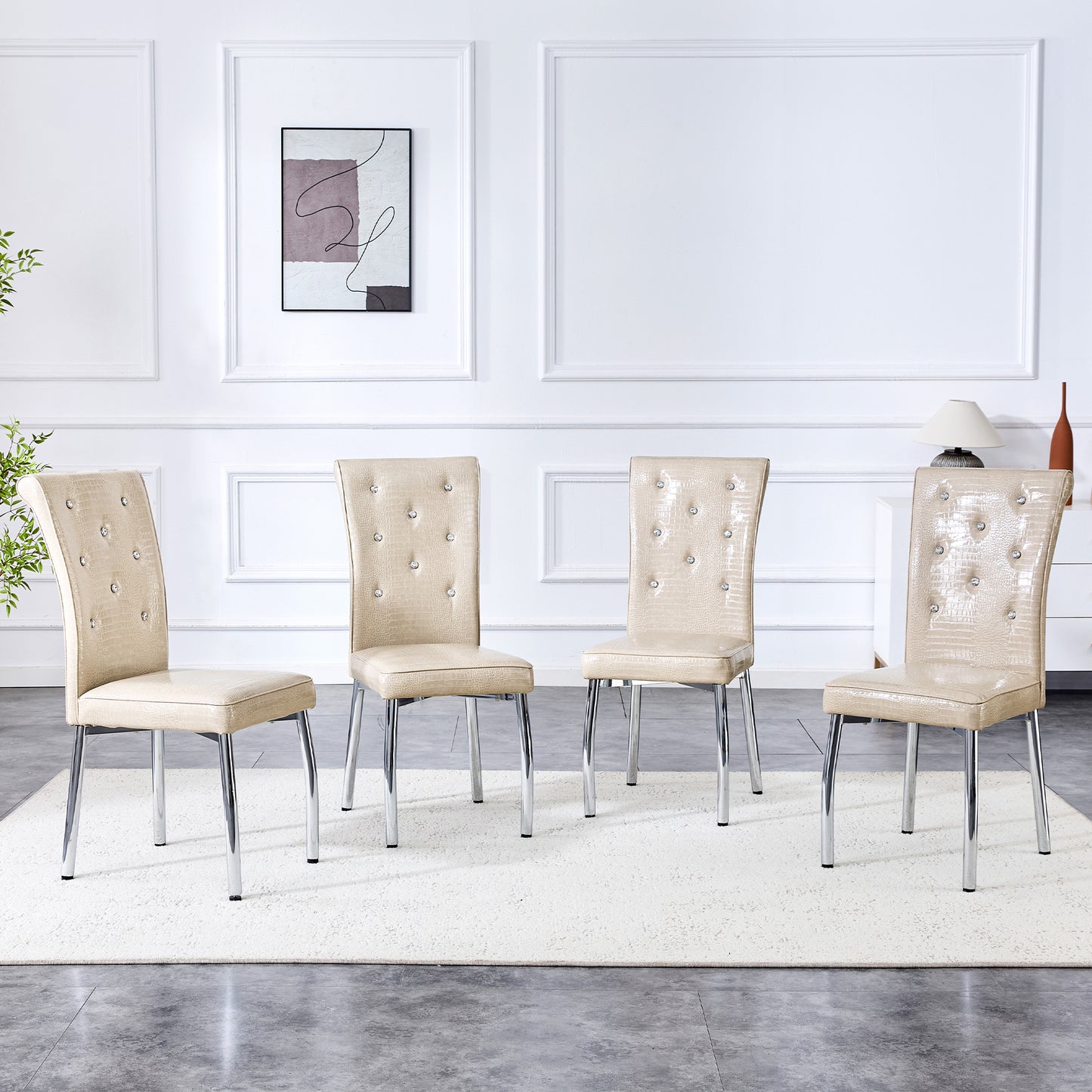 Set of 4 Beige & Silver Vintage Crocodile Leather Dining Chairs