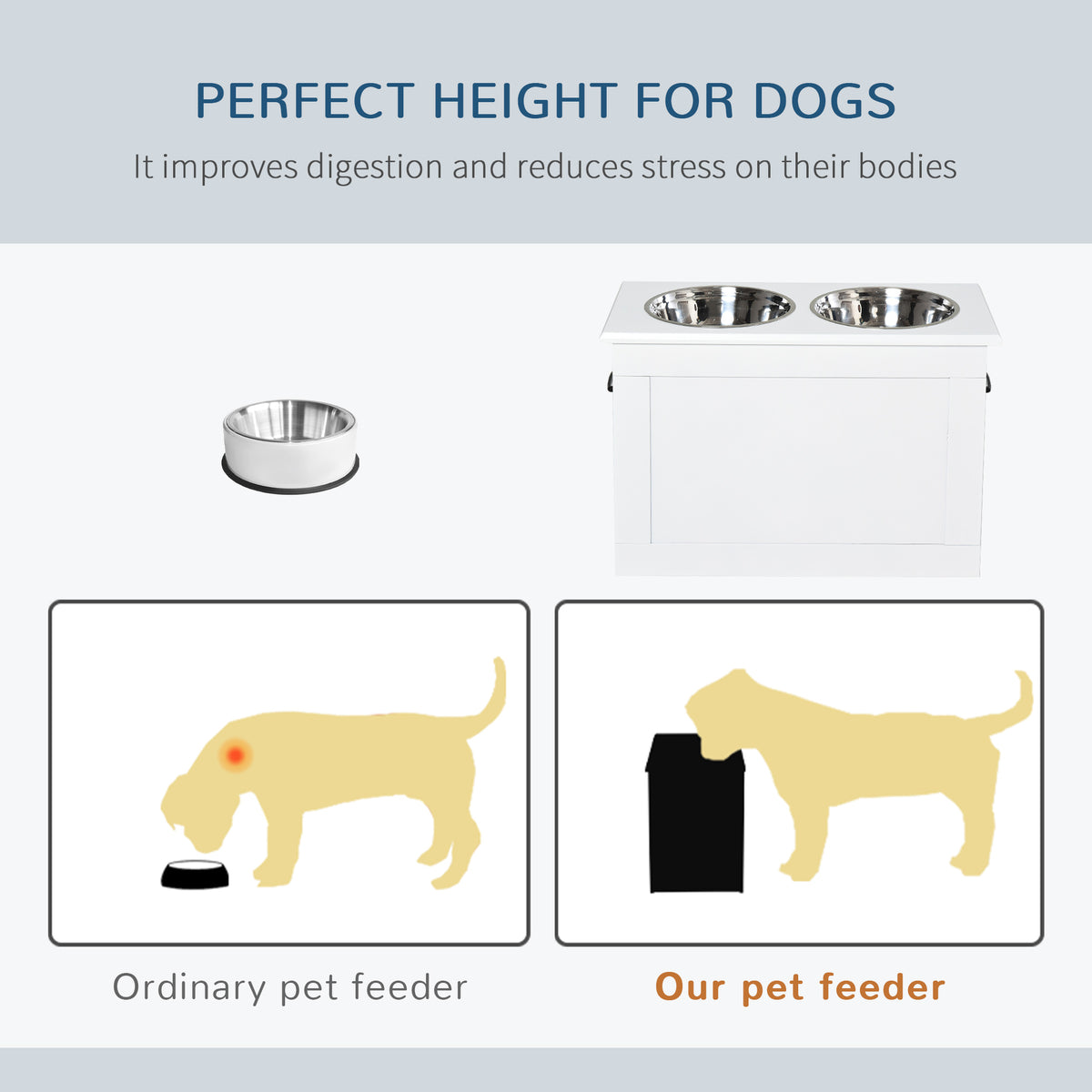 Raised Pet Feeding Station with Stainless Steel Bowls for Large Dogs - White