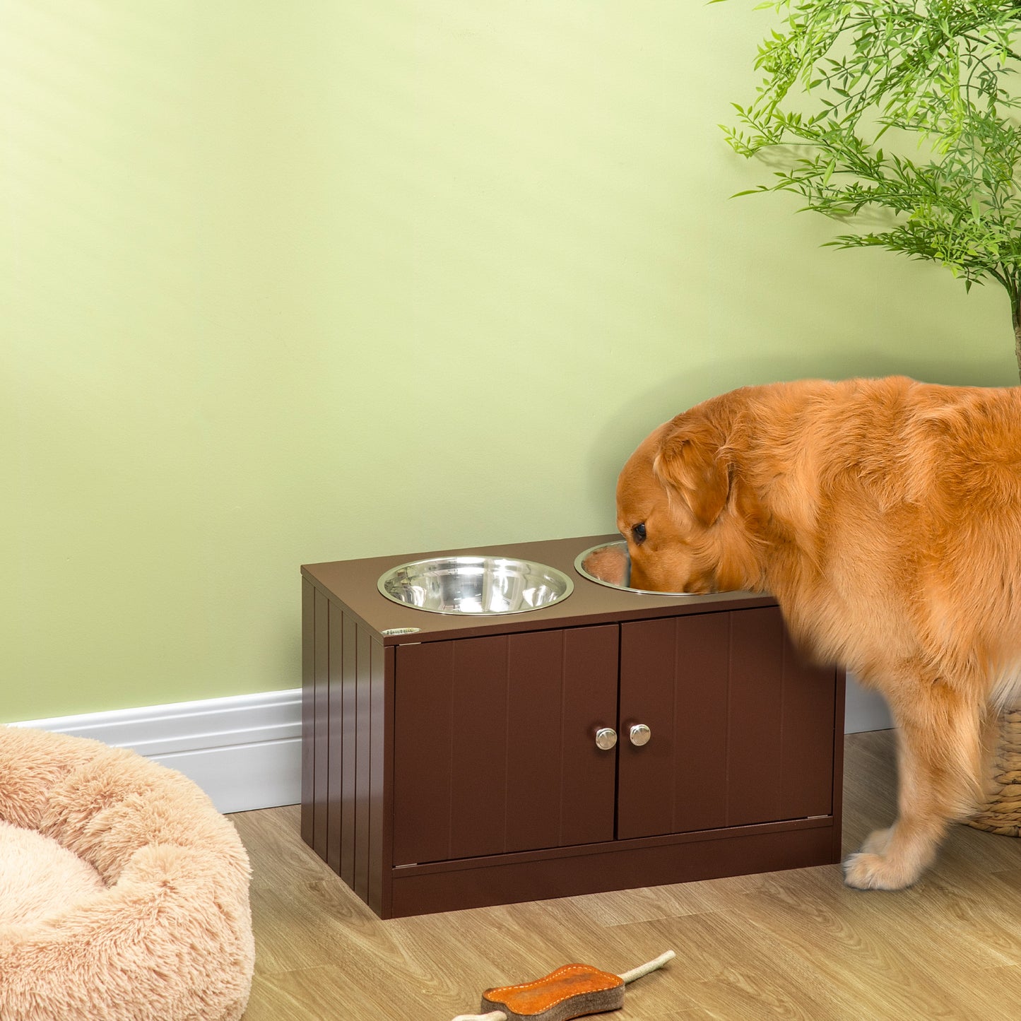 Elevated Dog Bowl Stand with Storage Cabinet - Large Pet Food Station, Brown