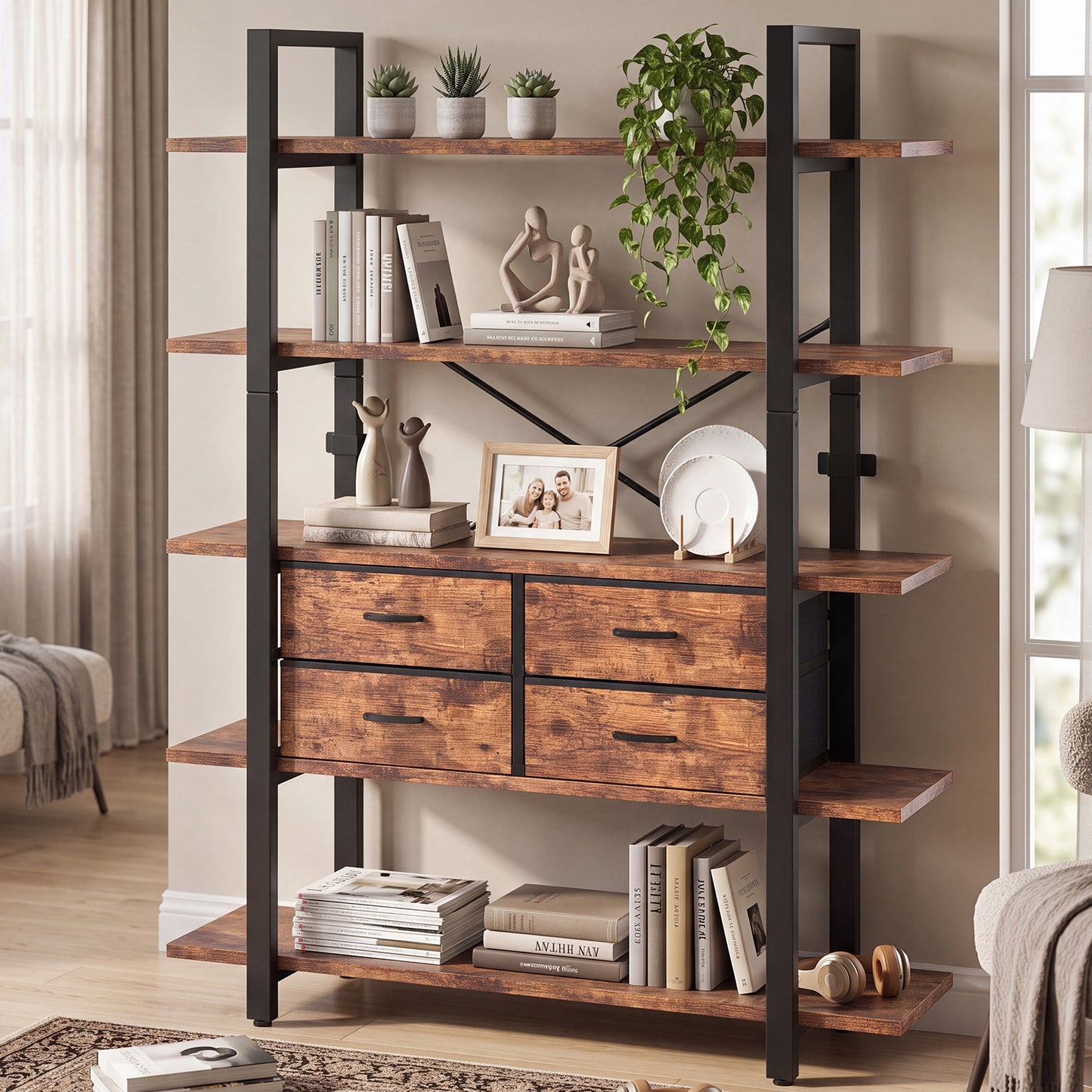 Industrial 5-Tier Bookshelf with 4 Drawers - Rustic Brown
