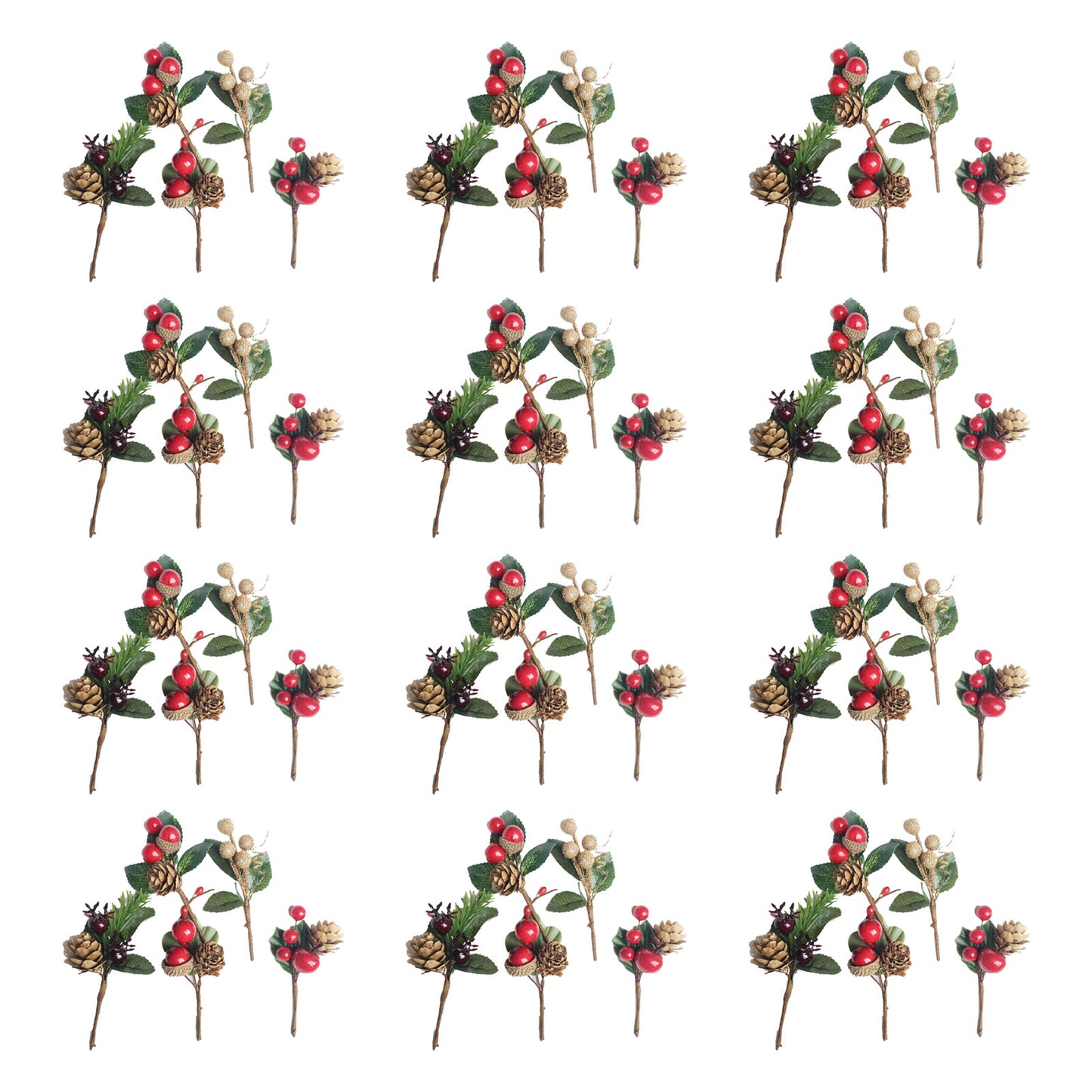 Artificial Flowers with Pine Cones and Red Berries - 12 Sets