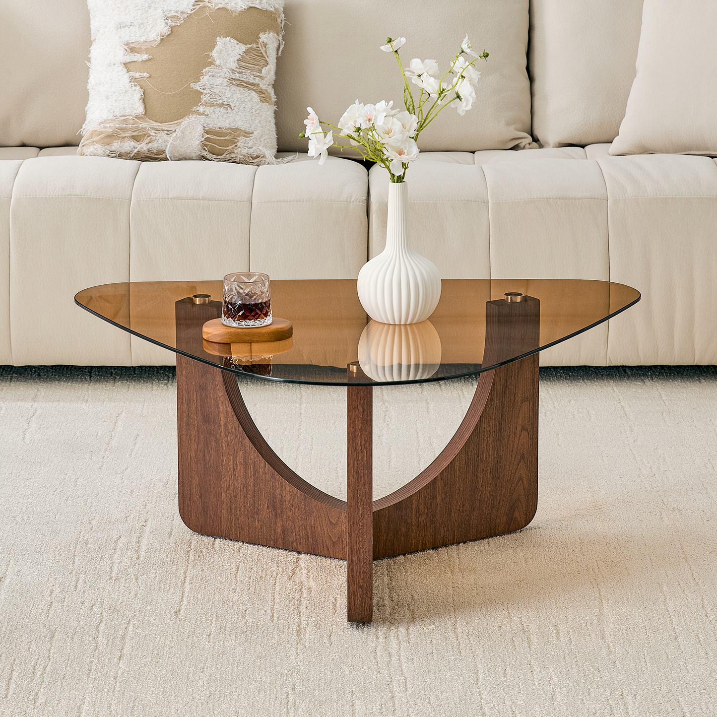 Vintage Triangular Coffee Table with Tempered Glass Top