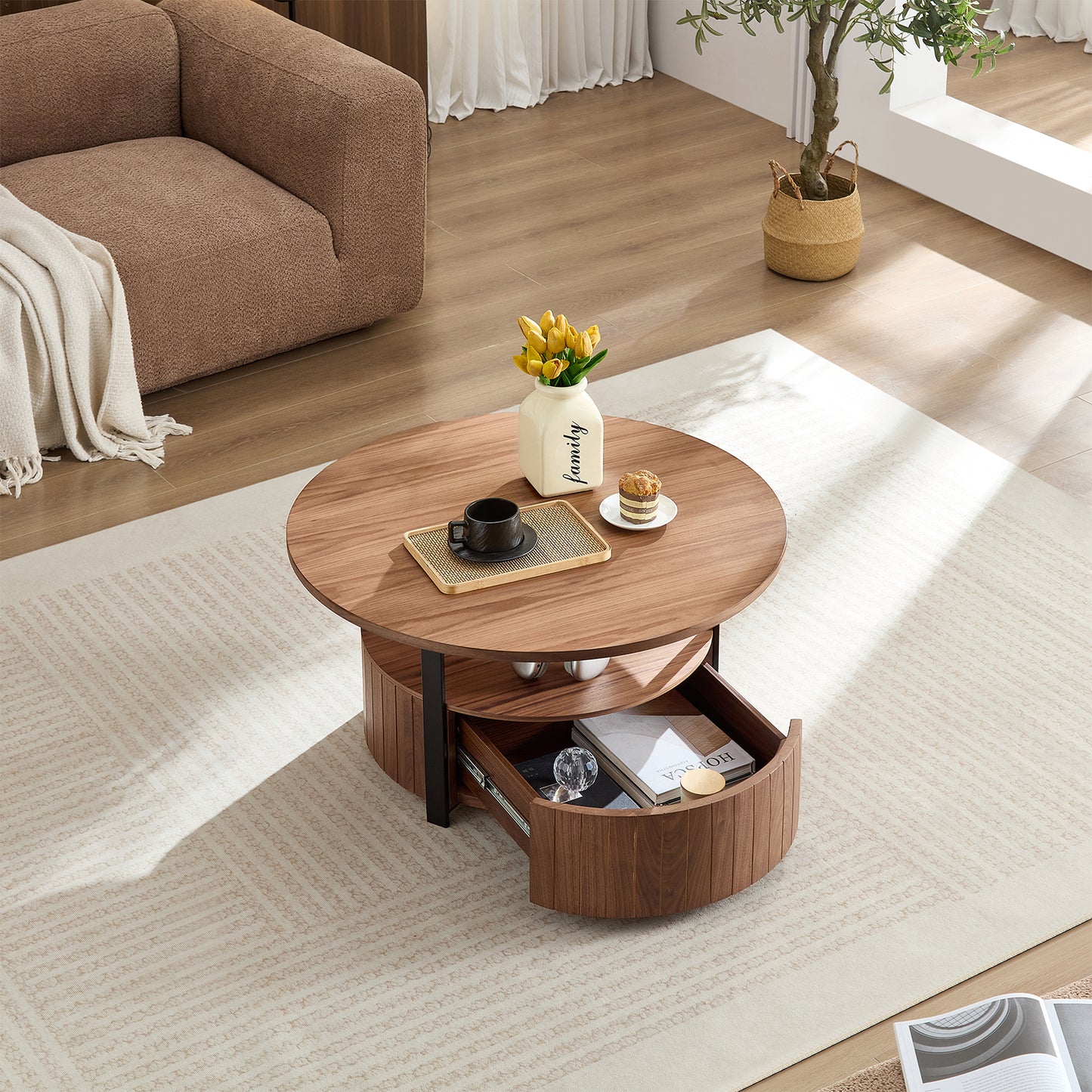 Round Wood Coffee Table - Rustic Walnut Design for Living Room