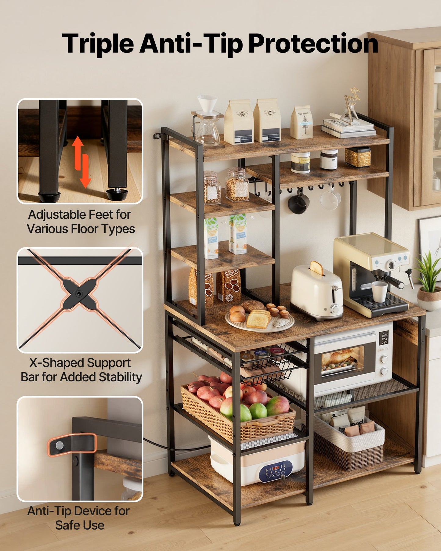 Kitchen Bakers Rack with Power Outlet, 5 Ft Metal Stand, Hooks & Shelves