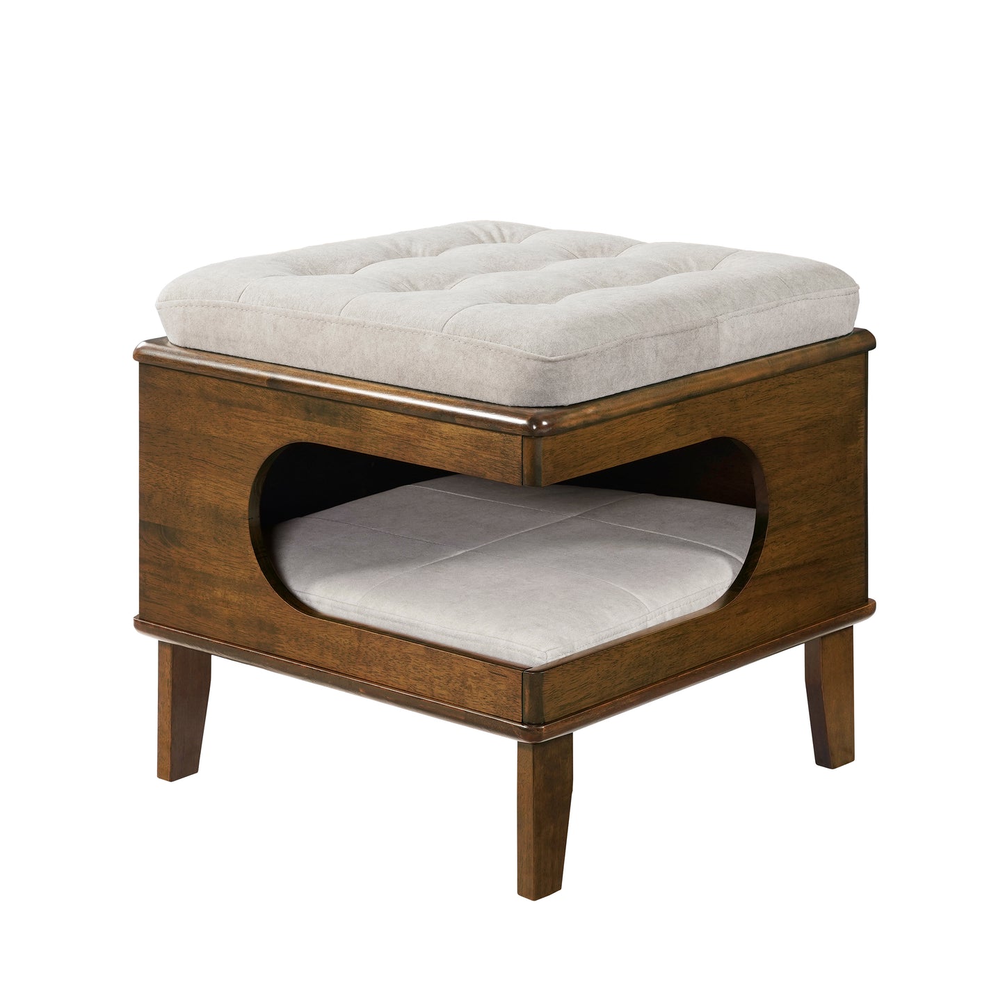 Rubber Wood Cat Bed Ottoman with Cat Cave - 2-in-1 Tufted Pet Footstool, Walnut Finish