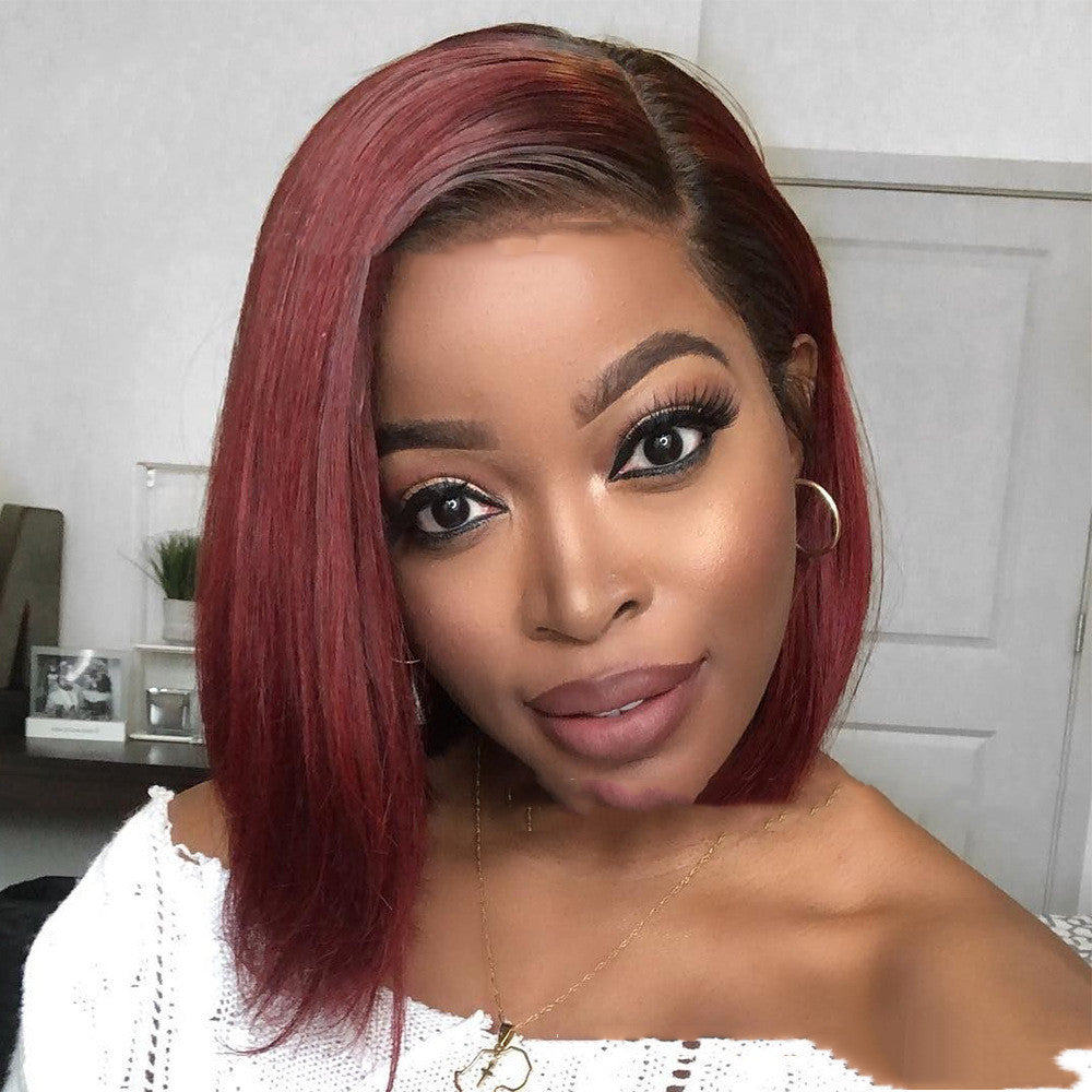 Women's Burgundy Short Straight Wig with Side Parting - 40cm Synthetic Hair