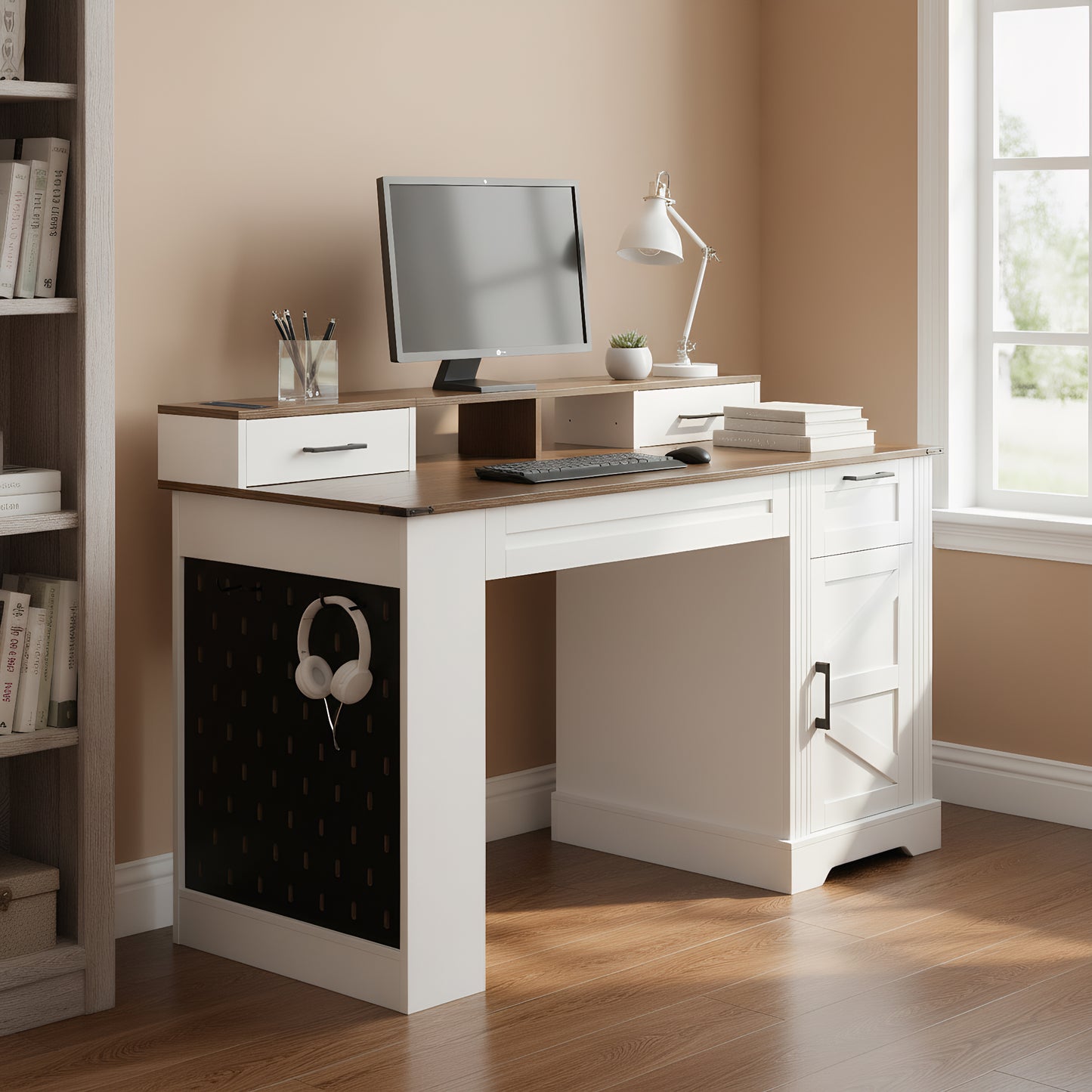 55" Farmhouse Office Desk with Storage & Charging Station - White