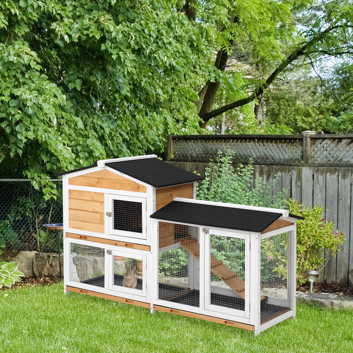 Wooden Rabbit Hutch 2-Story Small Animal House with Ramp, Weatherproof