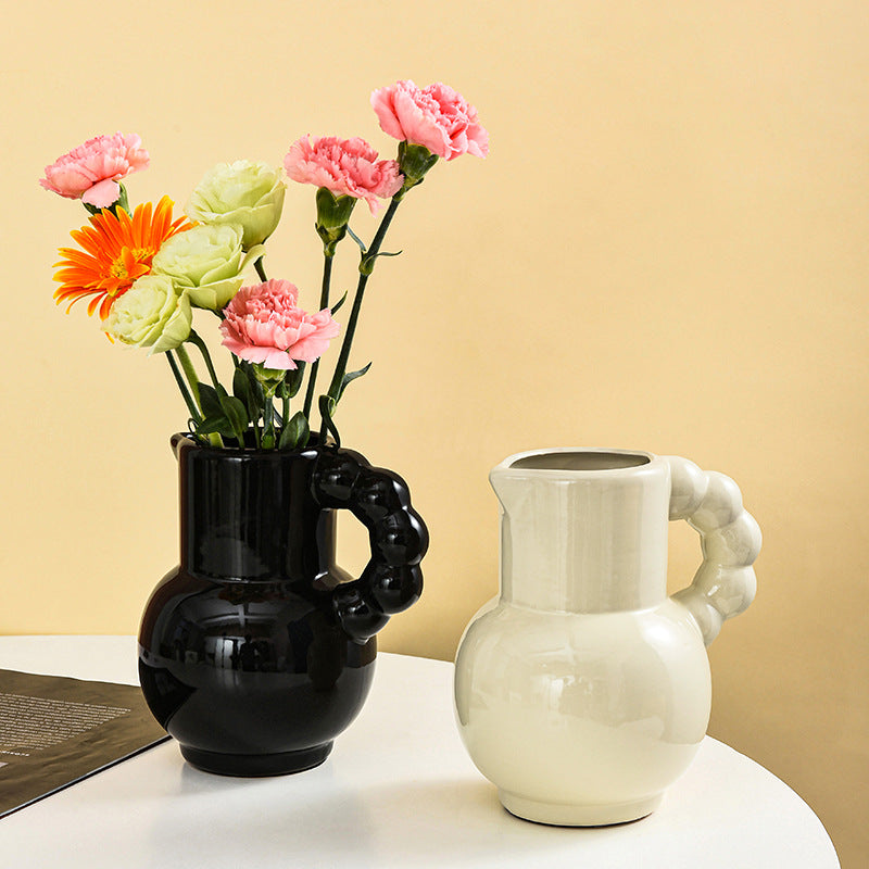 French Ceramic Vase Set - Cream, Black, and Beige Decorative Flowers & Tulips