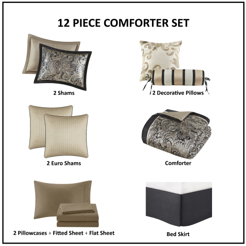12-Piece Black Comforter Set with Cotton Bed Sheets - King