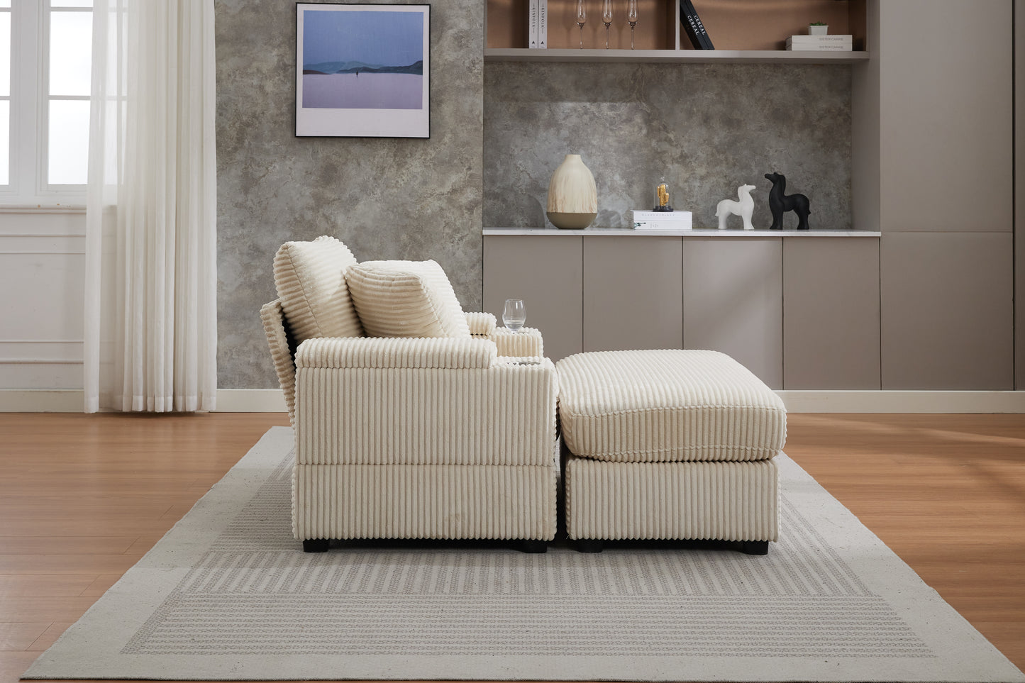 Corduroy Upholstered Chaise Lounge Sofa with Storage & Ottoman - Beige