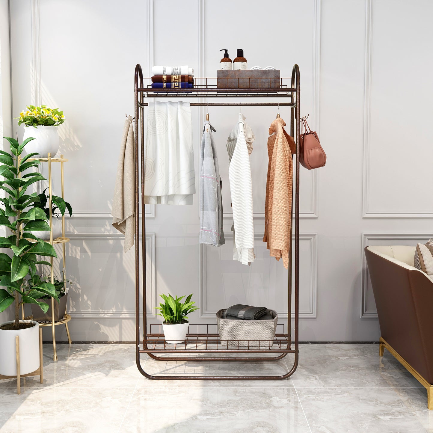 Heavy Duty Freestanding Clothing Rack with Double Shelves - Brown