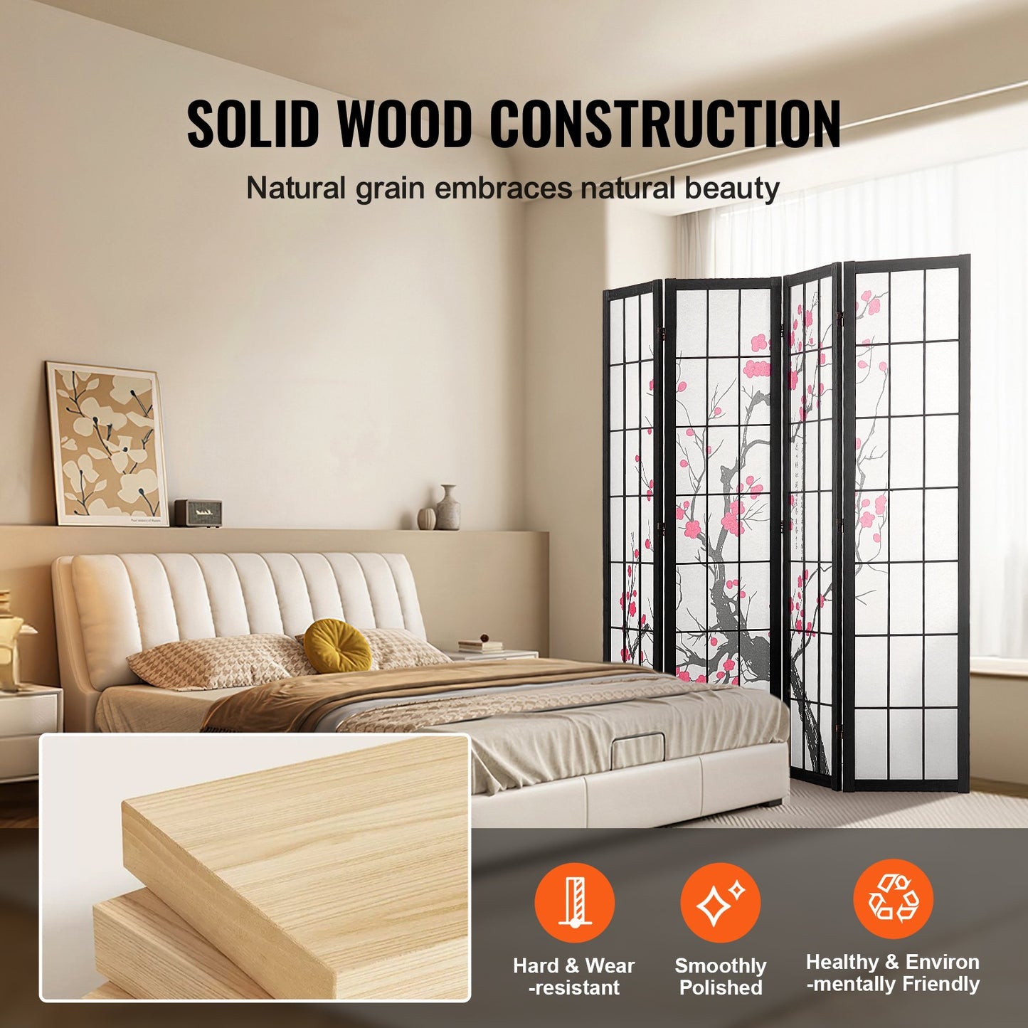 Japanese Room Divider Screen - 4 Panel Wood Folding Privacy Divider
