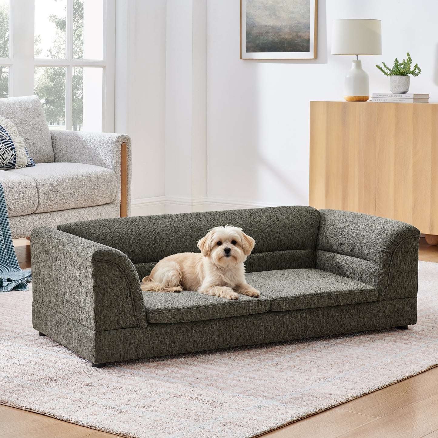 Oversized Dog Sofa Bed with Linen Fabric & Curved Armrest - Dark Gray
