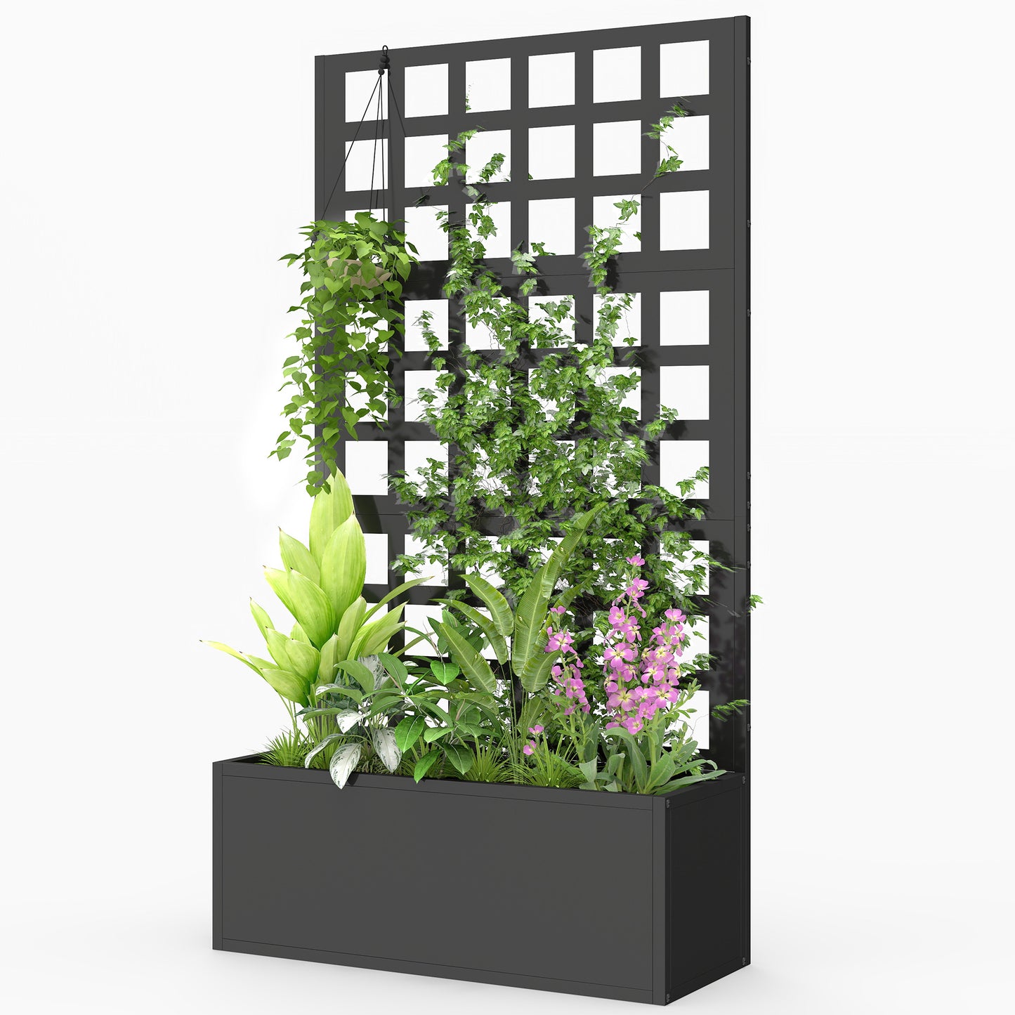 Galvanized Steel Raised Garden Bed with Trellis for Climbing Plants, 24x9x44.5 Inches, Black