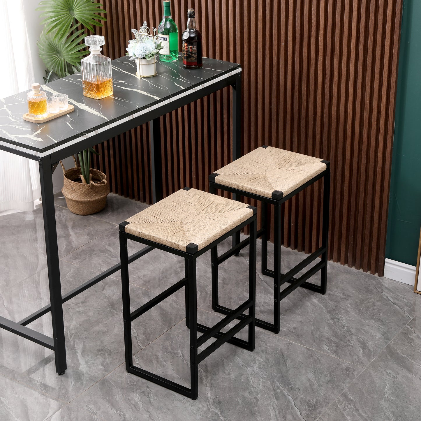 Set of 2 Backless Bar Stools - Natural Paper Rope Woven Chairs