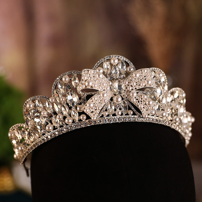 Rhinestone Pearl Crown Hair Hoop - Silver