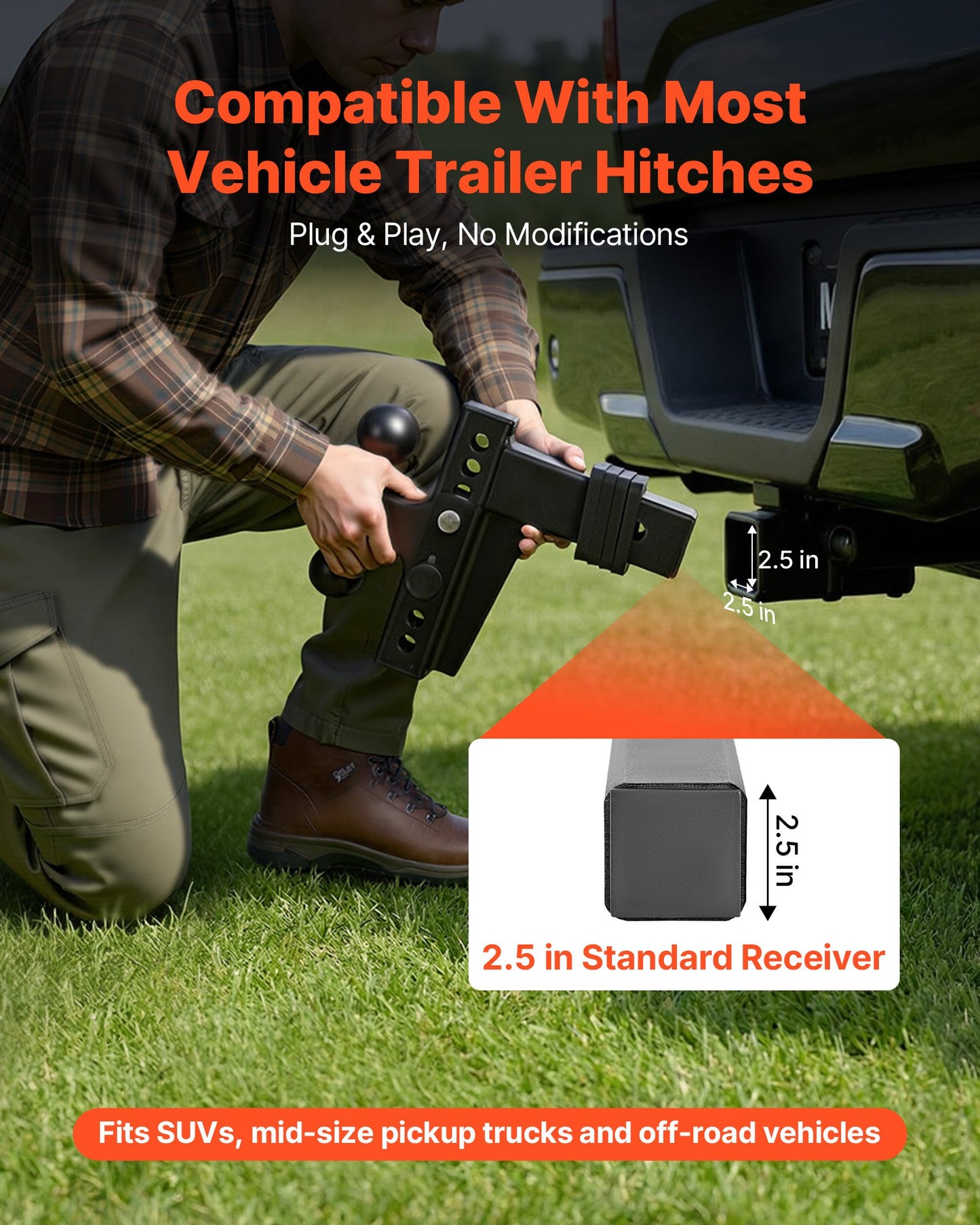 Adjustable Trailer Hitch Ball Mount 2.5-Inch Receiver 28000 Lbs GTW Black