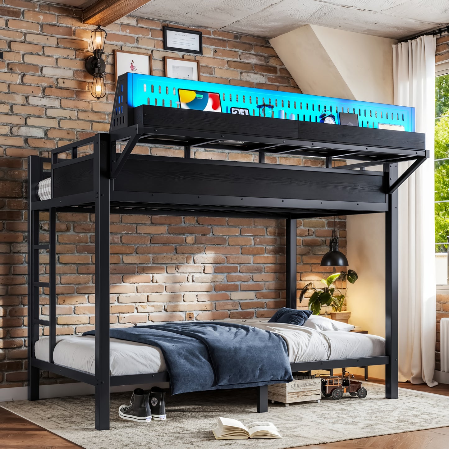 Twin XL Metal Bunk Bed with Storage Shelves & USB Ports - Black