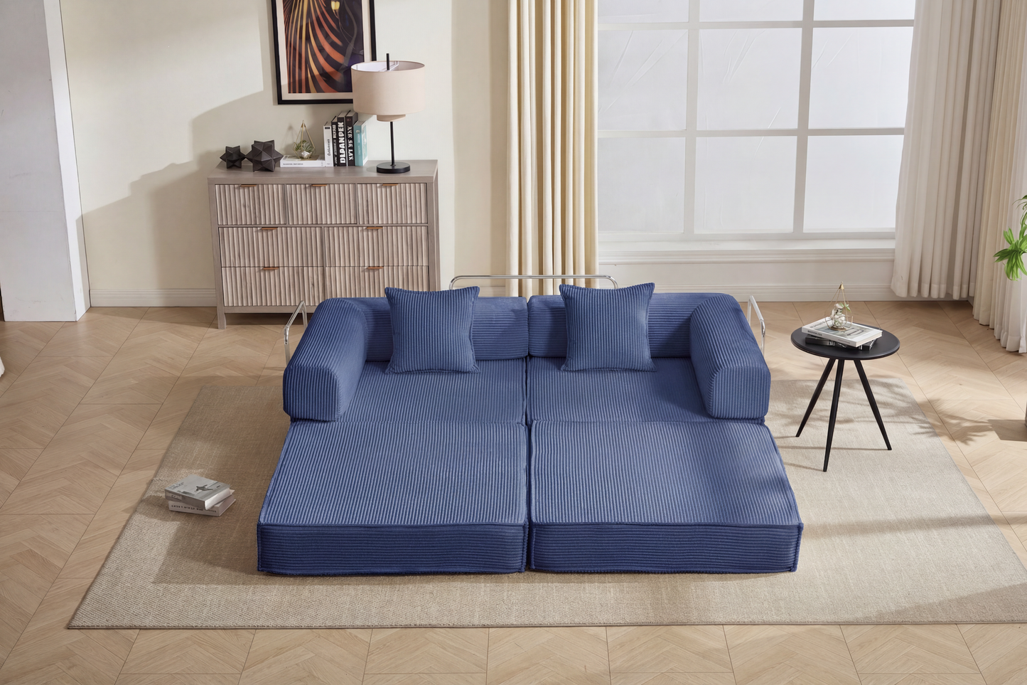 78" Modular Corduroy Convertible Sofa Bed with 2 Pillows - Navy Blue