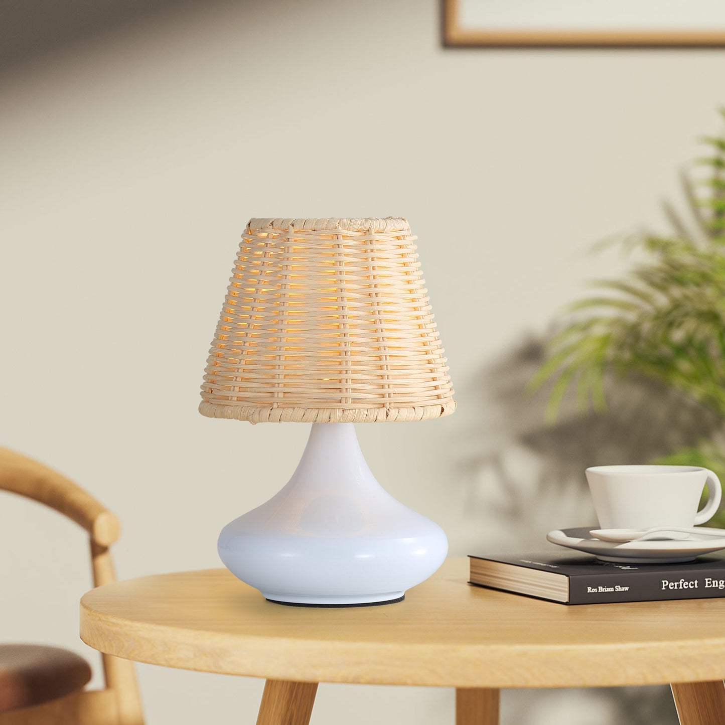 Dimmable White Bamboo Table Lamp with Iron Base - 3 Light Colors, Night Light