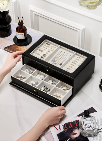 Large Capacity Jewelry Organizer Box with Multiple Compartments - Black Leather