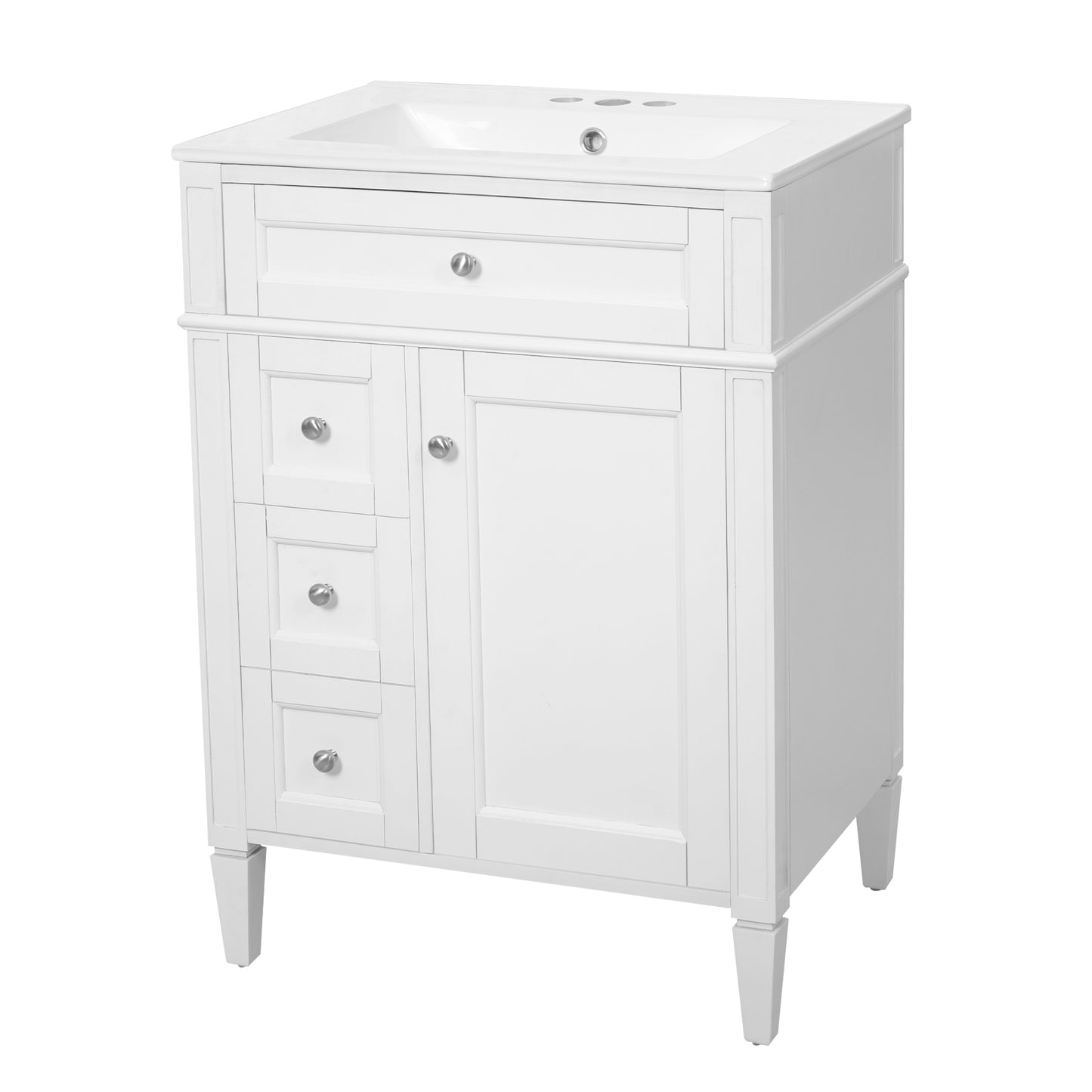 24-Inch Modern Bathroom Vanity with Ceramic Sink & 3 Drawers - White