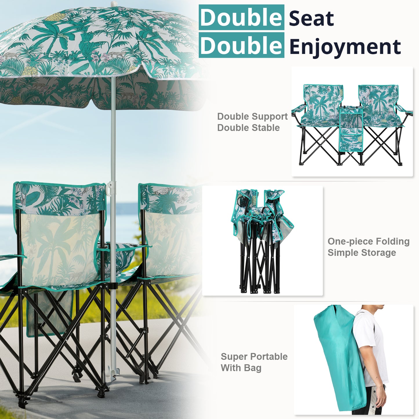 Folding Double Camping Chair with Removable Umbrella & Cup Holders