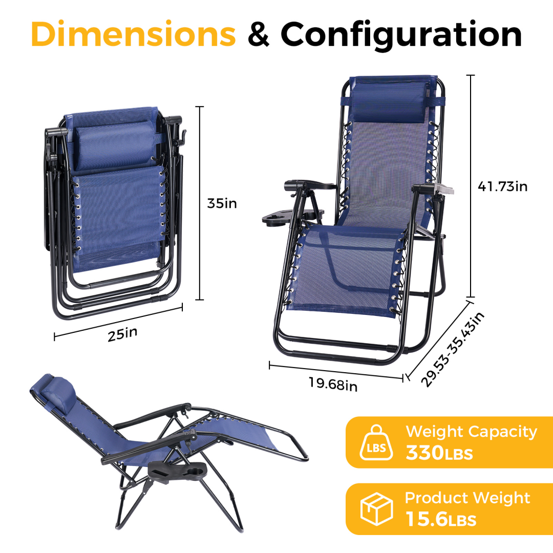 Set of 2 Folding Recliner Lounge Chairs with Pillow & Cup Holder