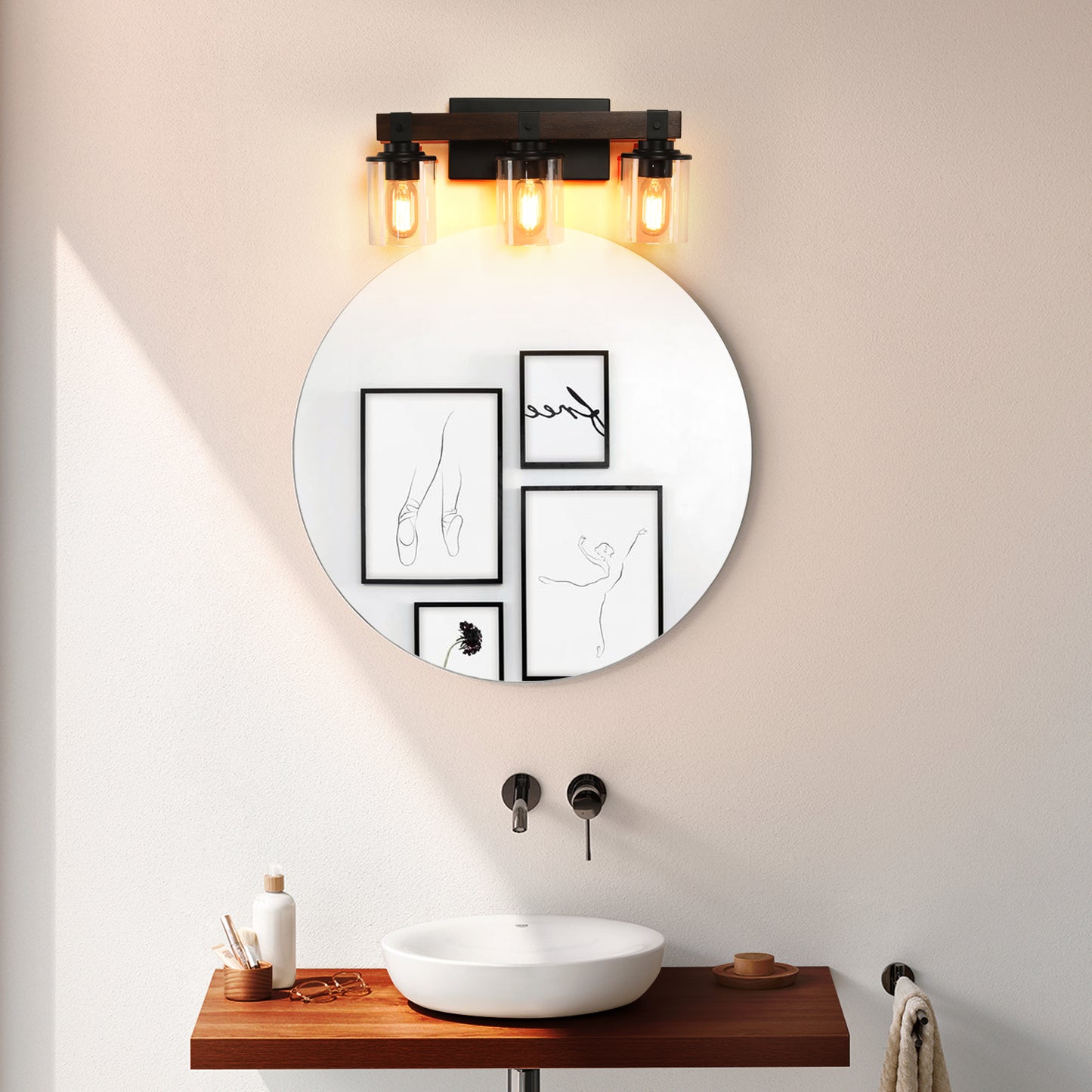 Rustic 3-Light Vanity Light Fixture with Glass Shades and Wood Accent