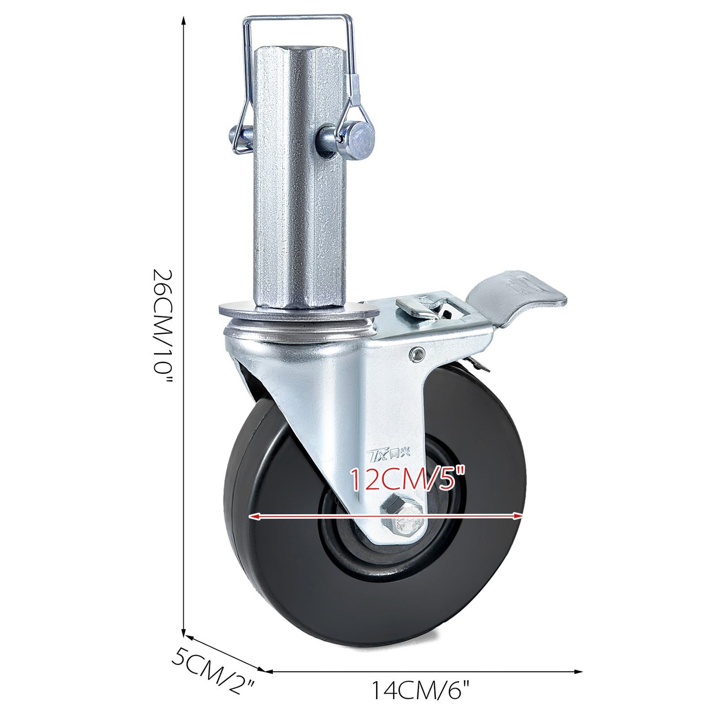 Heavy Duty Swivel Caster Wheels Set with Locking - 4 Pack, 5 Inch Rubber Casters, 1.25 Inch Square Stem, 440LBS Capacity