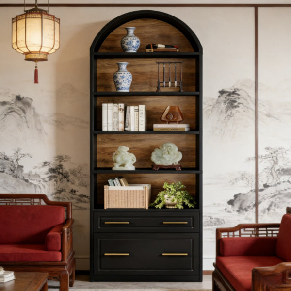 Elegant Tall Bookshelf with Arch Design and Storage Drawers