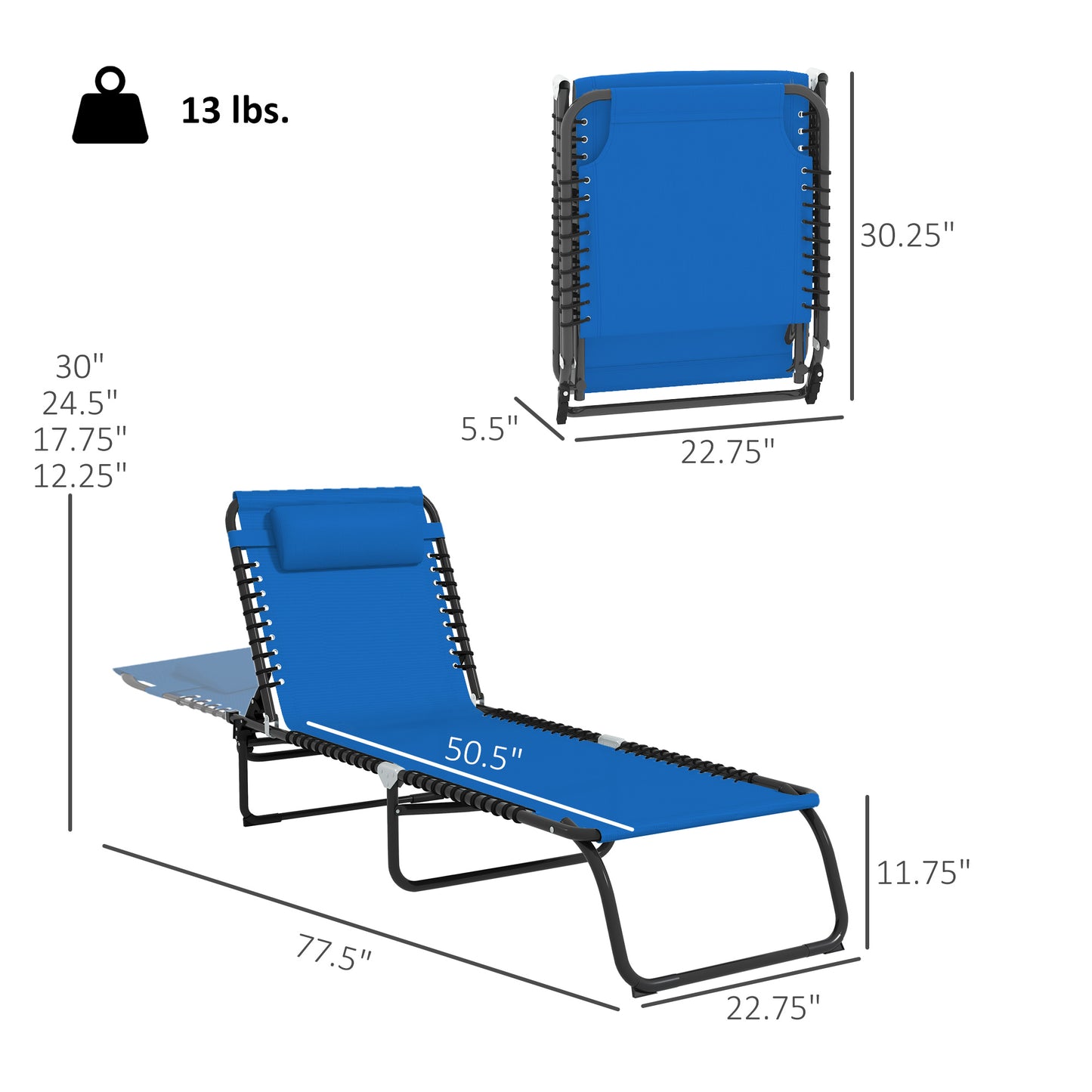 Foldable Chaise Lounge Chair - 4-Position Reclining, Portable Mesh - Navy Blue