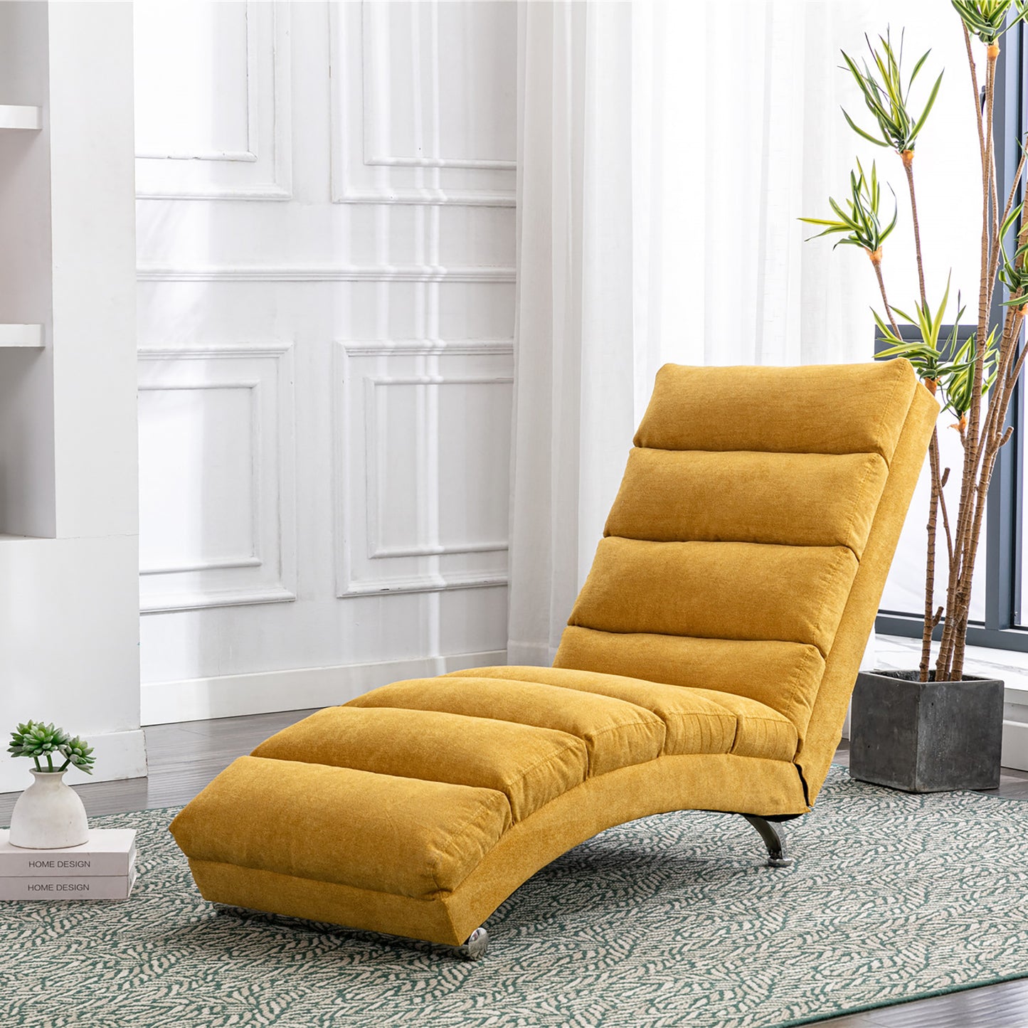 Luxury Upholstered Chaise Lounge Chair with Vibration - Mustard