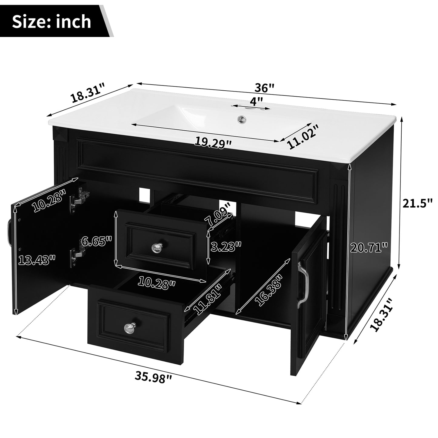 36-Inch Wall-Mounted Bathroom Vanity with Ceramic Sink - Black