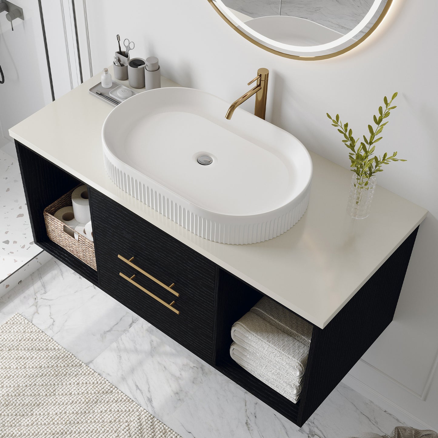 39.4-Inch Wall-Mounted Bathroom Vanity with Oval Sink - Black, Gold, White