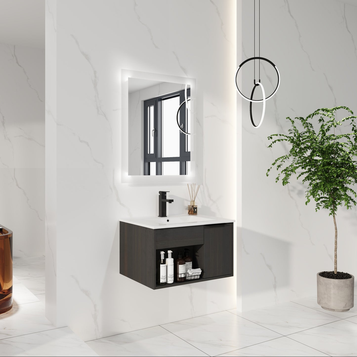 24" Wall-Mounted Bathroom Vanity with Ceramic Sink - Dark Oak