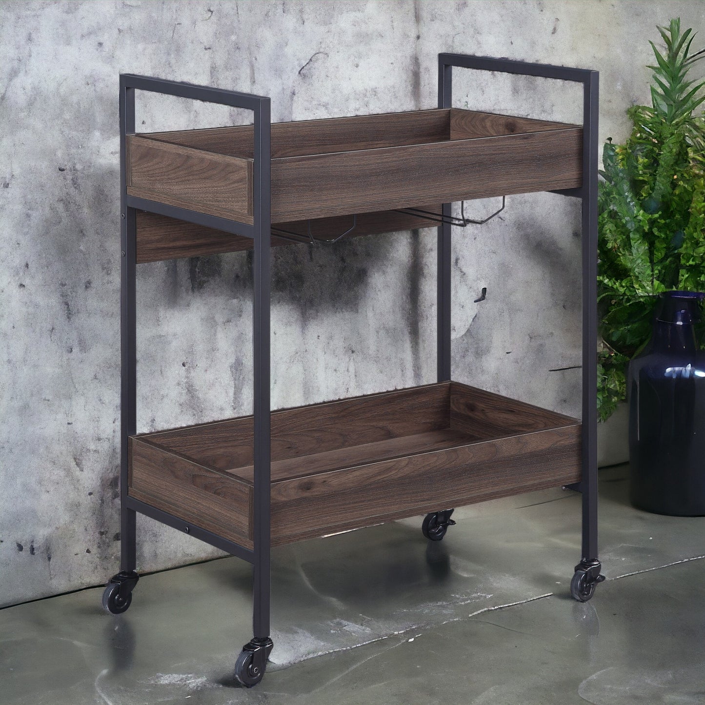 Walnut & Black Finish Serving Cart with 2-Tier Shelf