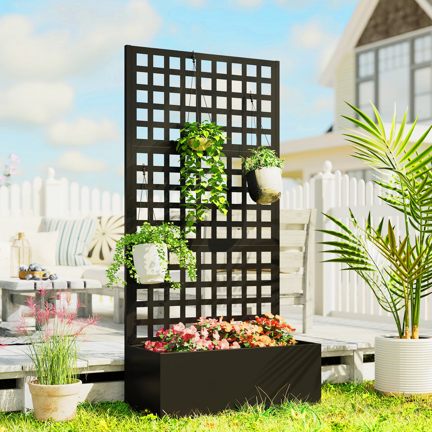 Galvanized Raised Garden Bed Planter with Trellis - 35x16x70 Inches, Black