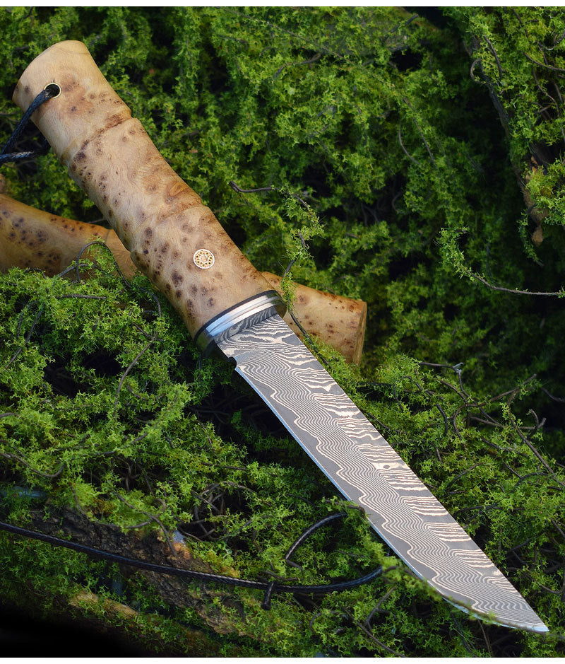 Handmade Damascus Steel Tactical Camping Knife with Red Shadow Wood Handle
