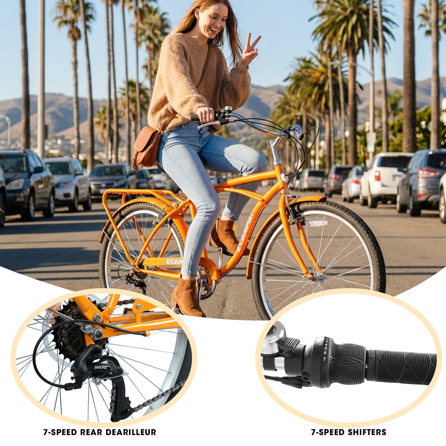 26-Inch 7-Speed Beach Cruiser Bike for Men & Women - Multiple Colors
