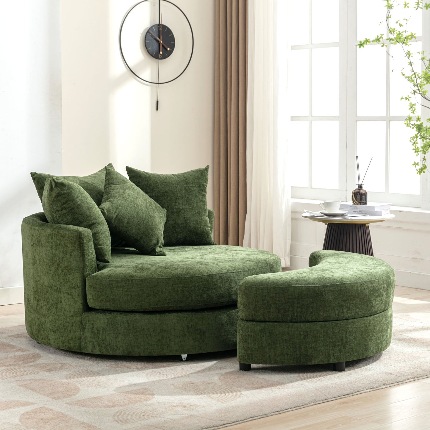 360° Swivel Accent Barrel Chair with Storage Ottoman & 4 Pillows - Green