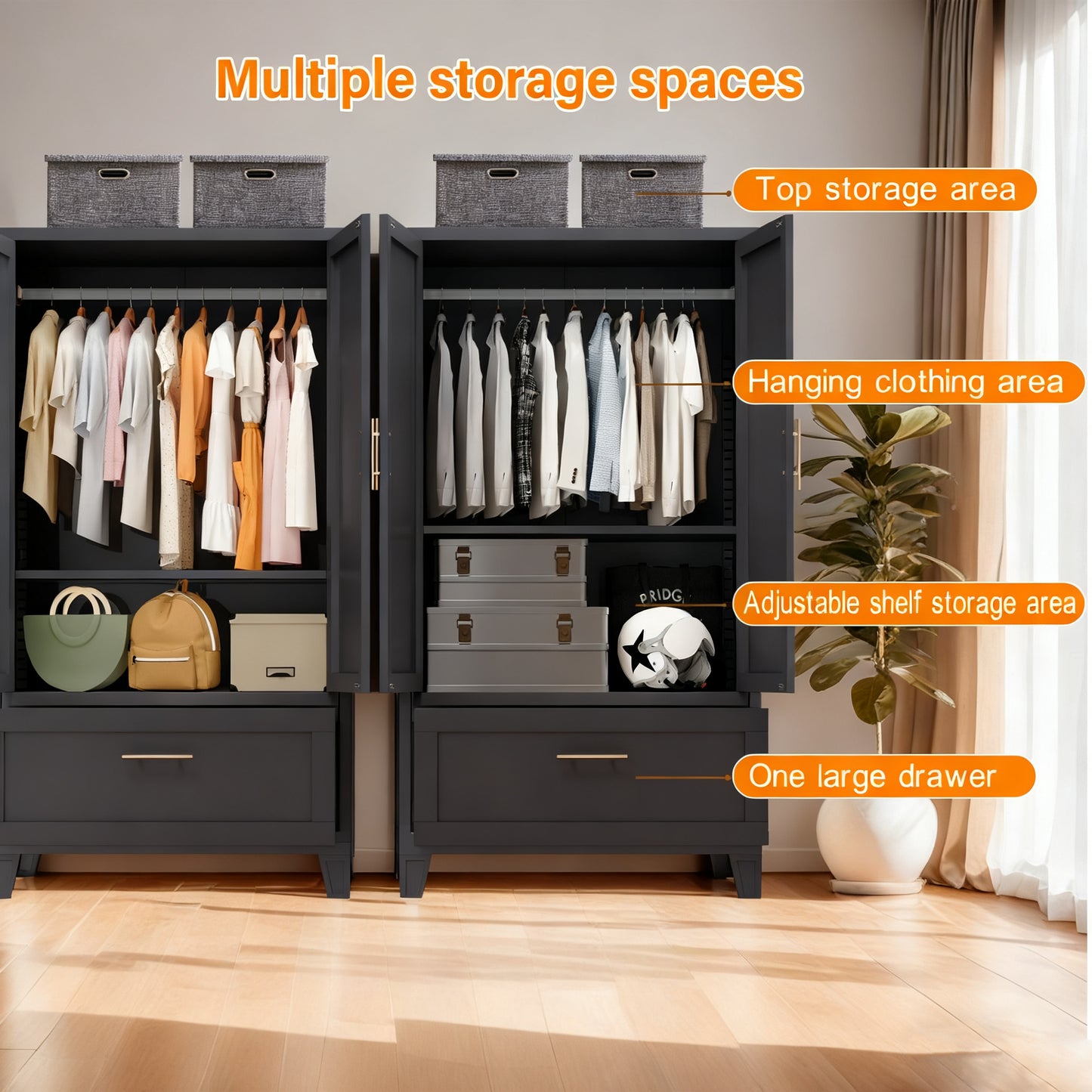 60" Tall Metal Wardrobe Cabinet with Drawer & Hanging Rod - Black