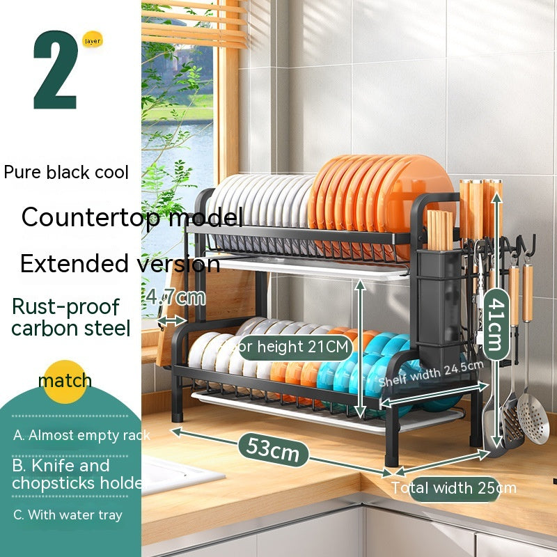 Two-Layer Kitchen Dish Rack Drainer with Cutting Board & Utensil Holders