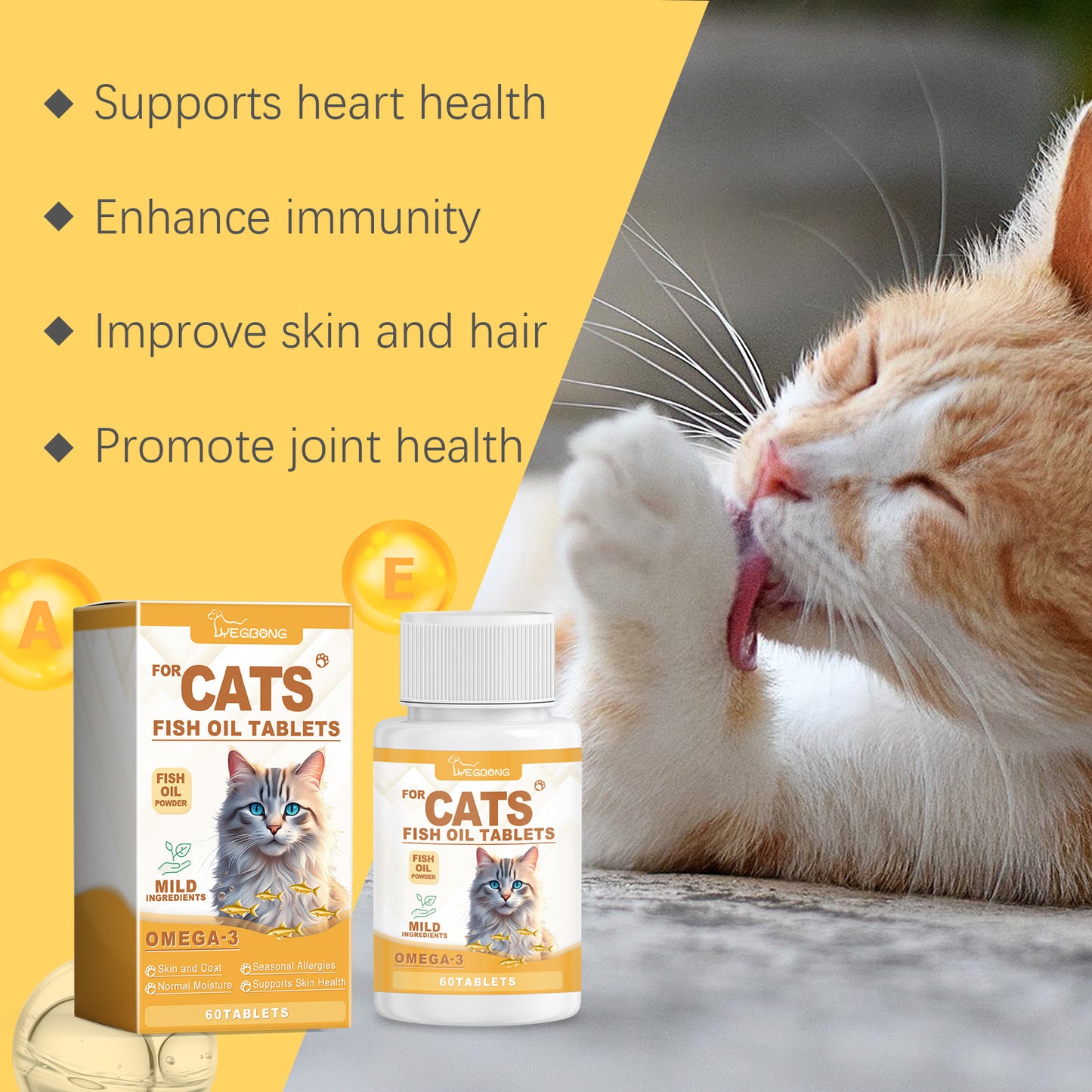 Fish Oil Tablets for Cats - Multivitamin Skin & Coat Supplement, Supports Immune, Heart & Bone Health - 60 Chewable