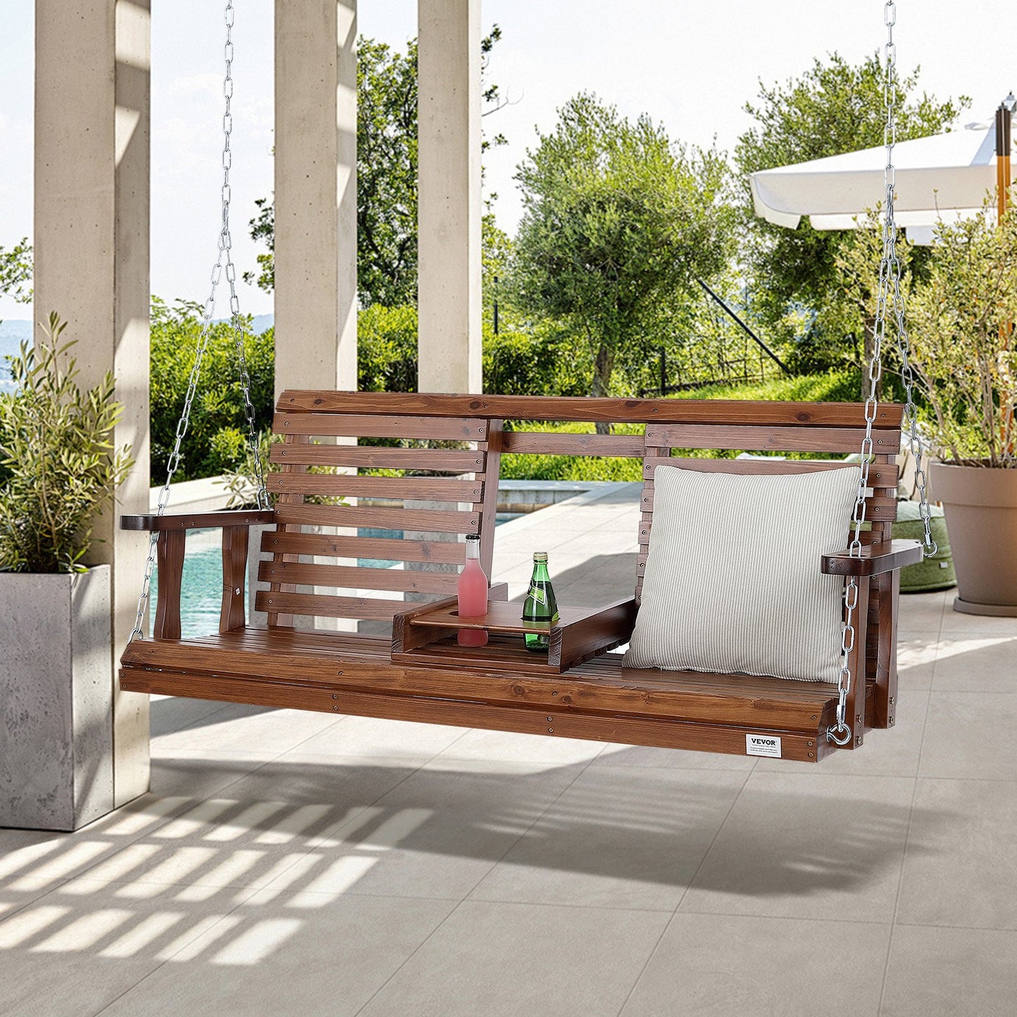 Wooden Porch Swing 5 Ft Heavy Duty Garden Swing Bench with Chains, Brown