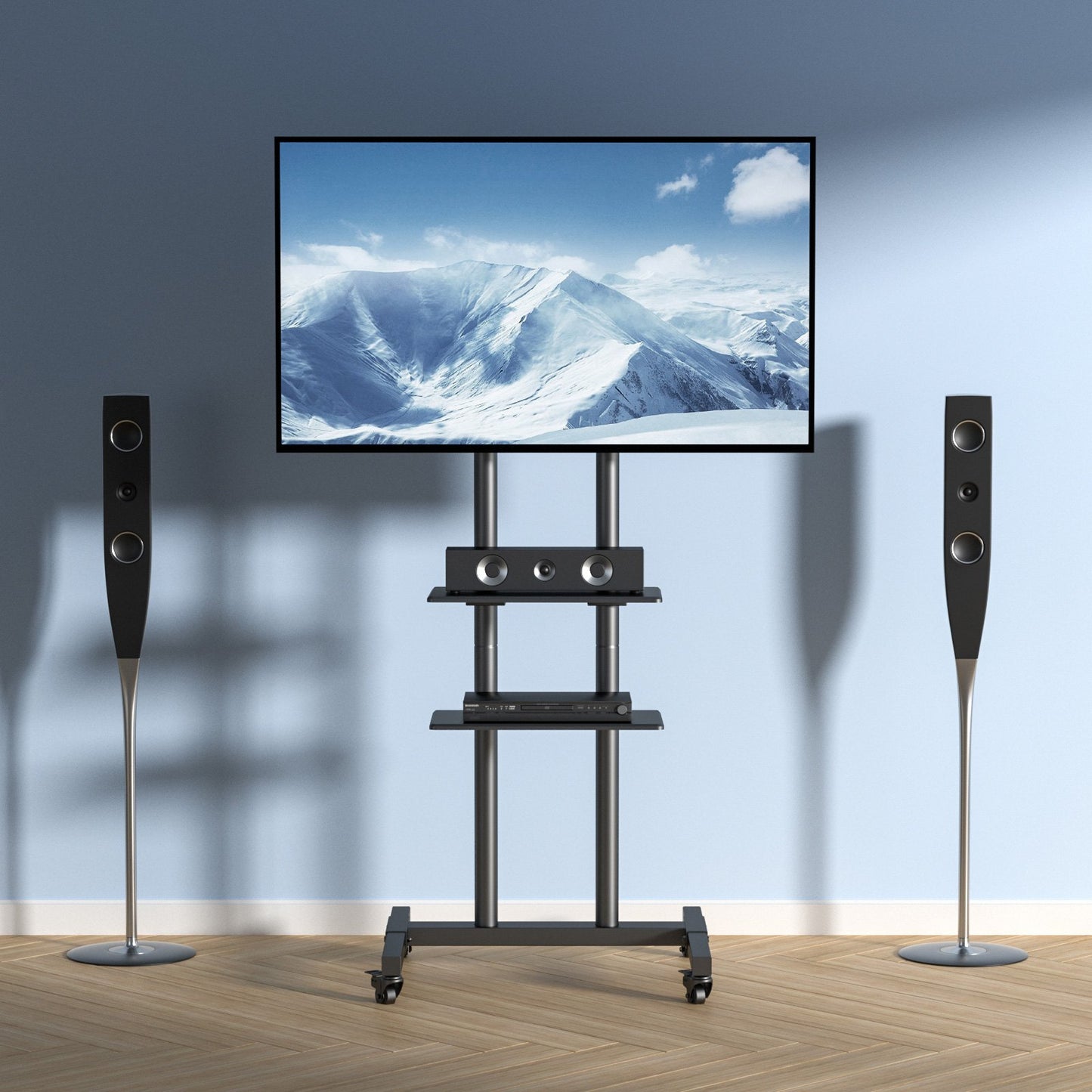 Mobile TV Stand with Wheels - Adjustable Height for 32-70 Inch TVs