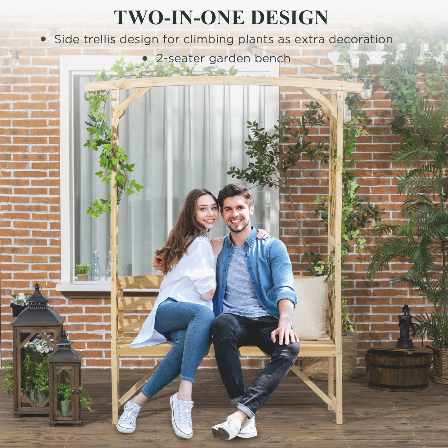Outdoor Garden Bench with Trellis Arbor for Climbing Plants